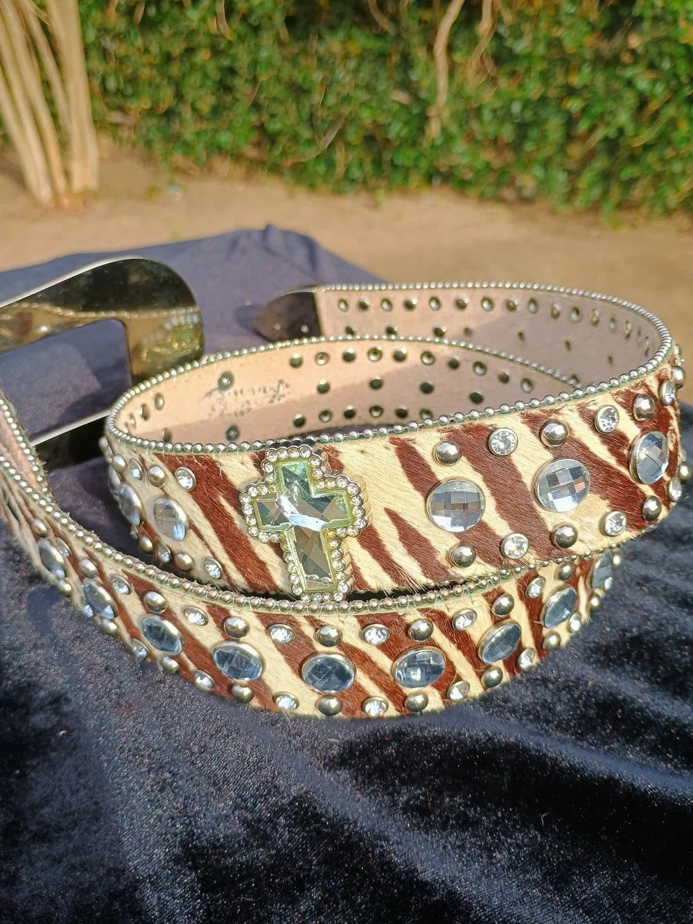 Blazin Roxx Zebra Hair-On-Hide Western Belt with Crystal Buckle - Brown/Cream